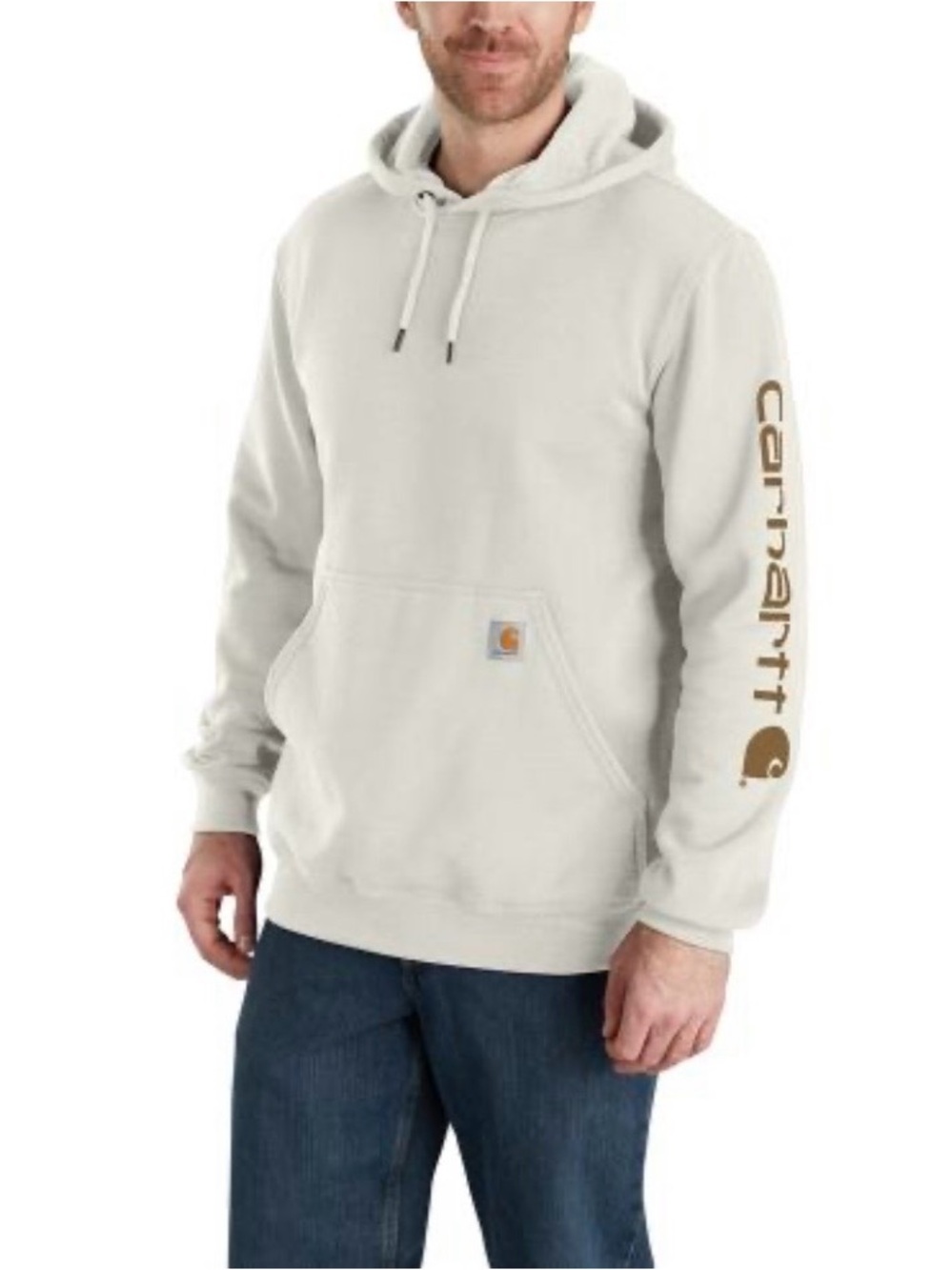 New Carhartt Men’s Loose Fit Cream Pullover Hoodie with Sleeve Logo in Gold